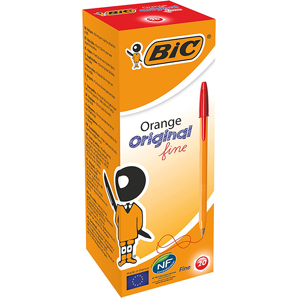 🖊️ Stylo Bille Orange Pointe Fine – Encre Rouge – Boîte de 20