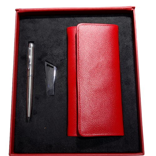 Coffret Cadeau pack 3 en 1, Porte-Feuille femme en Cuir + Stylo et clé USB métallique