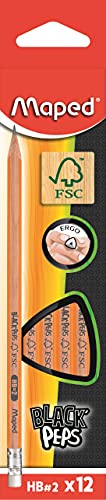 12 Crayons Graphite Black’Peps 100% FSC Maped - Crayon HB avec Gomme - Graphite en Bois Certifié FSC - Boîte de 12 Crayons à Papier HB n°2
