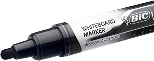 Marqueurs Noir BIC Velleda Feutres pour Tableau Blanc Effaçables à Sec Pointe Conique Large - Noir, Boîte de 12