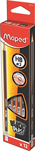 12 Crayons Graphite Black’Peps 100% FSC Maped - Crayon HB avec Gomme - Graphite en Bois Certifié FSC - Boîte de 12 Crayons à Papier HB n°2