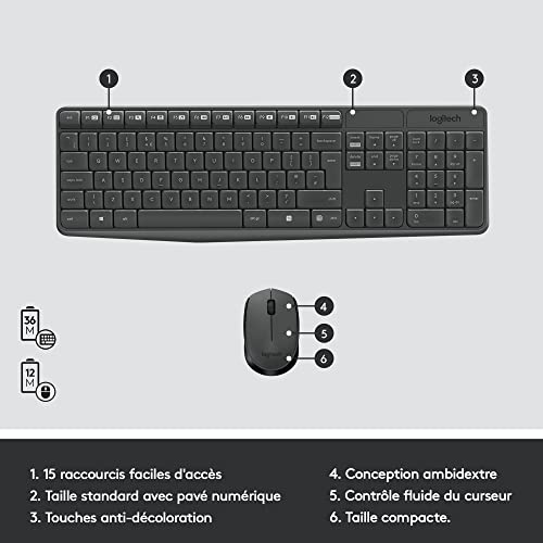 Logitech MK235 Combo Clavier Souris sans fil pour Windows, 2,4 GHz Récepteur USB Unifying, Clavier sans Fil, 15 Touches de Fonctions, Batterie Longue Durée 3 Ans, PC/Portable, Clavier AZERTY Français