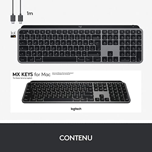 Logitech MX Keys - Clavier Éclairé sans Fil Avancé pour Mac, Frappe Tactile, Touches LED Rétroéclairées, Bluetooth, USB-C, Batterie 10 Jours, Apple macOS, Gris Sidéral - Clavier Français AZERTY