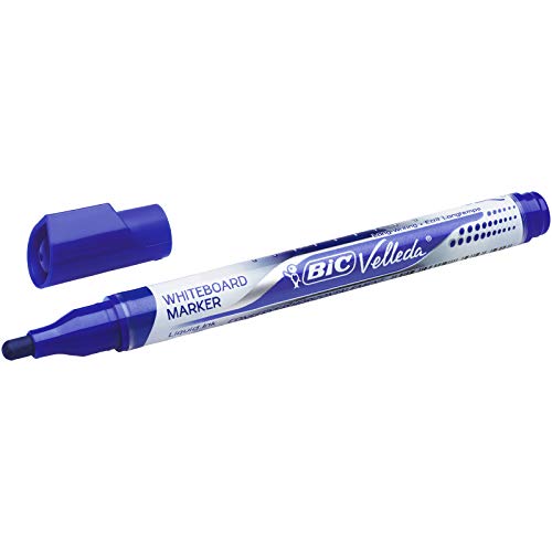 Marqueurs Bleu BIC Velleda Ecriture Feutres pour Tableau Blanc Effaçables à Sec Pointe Conique Large - Encre Bleue, Boîte de 12