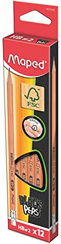 12 Crayons Graphite Black’Peps 100% FSC Maped - Crayon HB avec Gomme - Graphite en Bois Certifié FSC - Boîte de 12 Crayons à Papier HB n°2