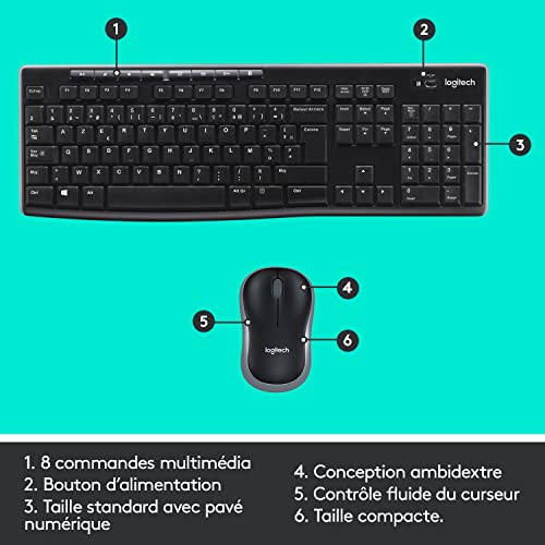 Logitech MK270 Combo Clavier Souris sans Fil pour Windows, Connexion 2.4 GHz, Souris sans Fil Compacte, 8 Touches de Raccourci/Multimédia, Batterie Longue Durée 2 Ans, PC/Portable, AZERTY Français