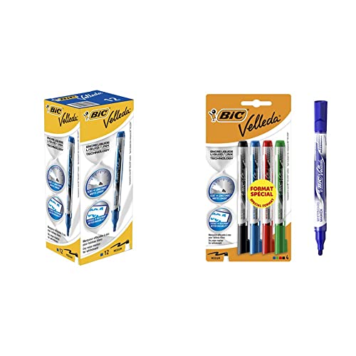 Marqueurs Bleu BIC Velleda Ecriture Feutres pour Tableau Blanc Effaçables à Sec Pointe Conique Large - Encre Bleue, Boîte de 12