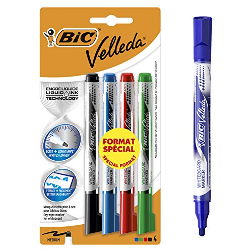 Marqueurs Bleu BIC Velleda Ecriture Feutres pour Tableau Blanc Effaçables à Sec Pointe Conique Large - Encre Bleue, Boîte de 12