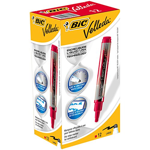 Marqueurs Noir BIC Velleda Feutres pour Tableau Blanc Effaçables à Sec Pointe Conique Large - Noir, Boîte de 12