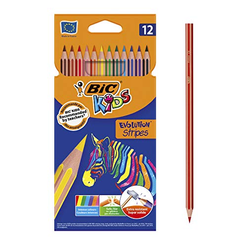 BIC Kids Evolution Rayures Crayons de couleur – Couleurs assorties (Lot de 12)