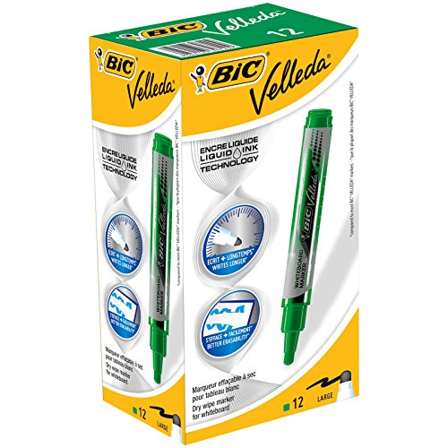 Marqueurs Noir BIC Velleda Feutres pour Tableau Blanc Effaçables à Sec Pointe Conique Large - Noir, Boîte de 12