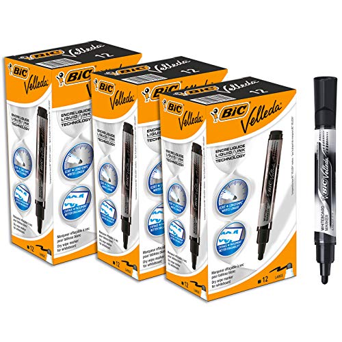Marqueurs Noir BIC Velleda Feutres pour Tableau Blanc Effaçables à Sec Pointe Conique Large - Noir, Boîte de 12
