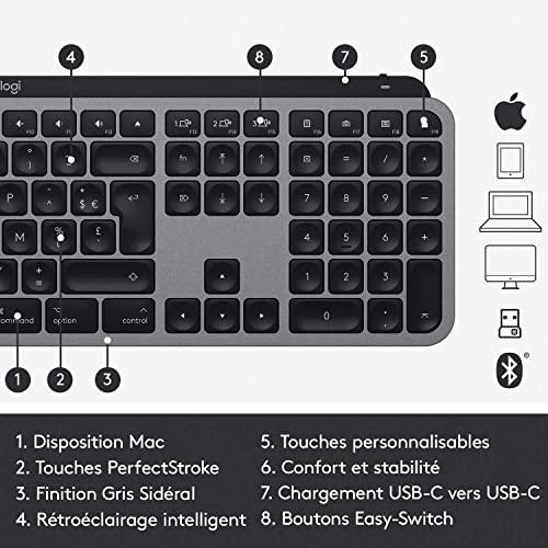 Logitech MX Keys - Clavier Éclairé sans Fil Avancé pour Mac, Frappe Tactile, Touches LED Rétroéclairées, Bluetooth, USB-C, Batterie 10 Jours, Apple macOS, Gris Sidéral - Clavier Français AZERTY