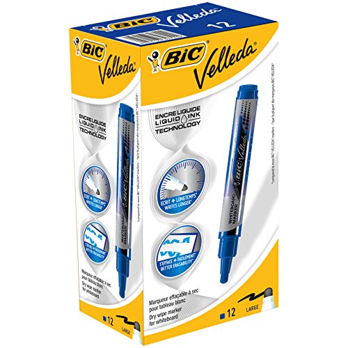 Marqueurs Noir BIC Velleda Feutres pour Tableau Blanc Effaçables à Sec Pointe Conique Large - Noir, Boîte de 12
