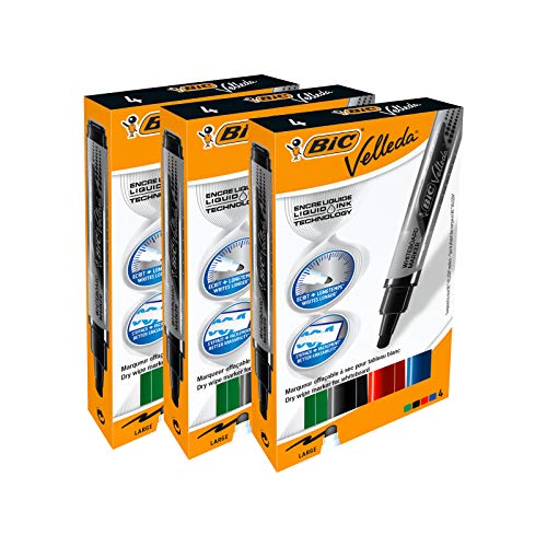 Marqueurs Noir BIC Velleda Feutres pour Tableau Blanc Effaçables à Sec Pointe Conique Large - Noir, Boîte de 12