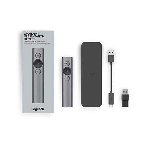 Logitech Spotlight Télécommande de Présentation sans Fil, Bluetooth et 2,4 GHz avec Nano-Récepteur USB, Pointeur Laser, Commandes de Diaporama, Portée de 30M, Minuterie Réglable, PC/Mac/Android - Gris