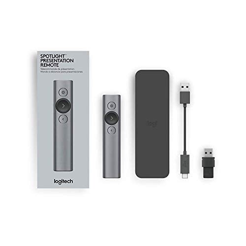Logitech Spotlight Télécommande de Présentation sans Fil, Bluetooth et 2,4 GHz avec Nano-Récepteur USB, Pointeur Laser, Commandes de Diaporama, Portée de 30M, Minuterie Réglable, PC/Mac/Android - Gris