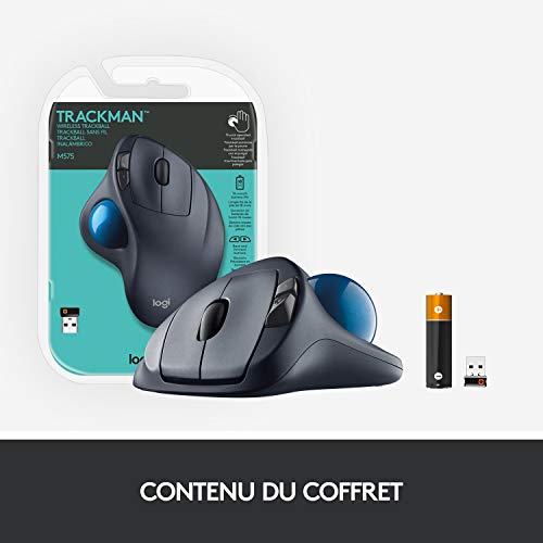 Logitech M570 Trackman Souris Trackball sans Fil, 2,4 GHz avec Récepteur USB Unifying, Ergonomique, Roulette de Défilement, Boutons Programmables, Batterie 18 Mois, PC/Mac/Portable - Noir