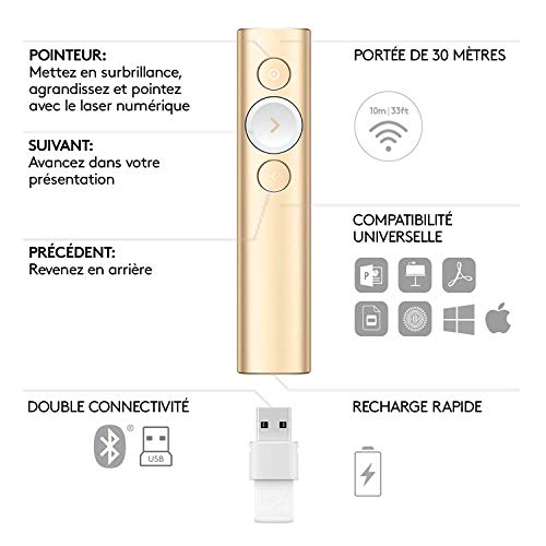 Logitech Spotlight Télécommande de Présentation sans Fil, Bluetooth et 2,4 GHz avec Nano-Récepteur USB, Pointeur Laser, Commandes de Diaporama, Portée de 30M, Minuterie Réglable, PC/Mac/Android - Gris
