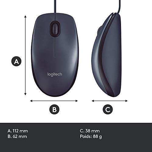 Logitech B100 Souris Filaire USB, 3 Boutons, Suivi Optique, Ambidextre, Compatible avec PC/Mac/Ordinateur Portable/Chromebook - Noire