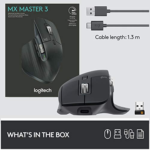 Logitech MX Master 3 Advanced Souris sans fil, Bluetooth + 2.4GHz USB, Défilement Rapide, Suvi 4000 DPI Toute Surface, Confortable, 7 Boutons, Rechargeable, PC/Mac/iPadOS - Noir