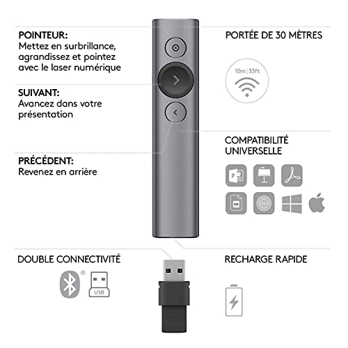 Logitech Spotlight Télécommande de Présentation sans Fil, Bluetooth et 2,4 GHz avec Nano-Récepteur USB, Pointeur Laser, Commandes de Diaporama, Portée de 30M, Minuterie Réglable, PC/Mac/Android - Gris