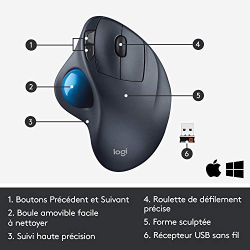 Logitech M570 Trackman Souris Trackball sans Fil, 2,4 GHz avec Récepteur USB Unifying, Ergonomique, Roulette de Défilement, Boutons Programmables, Batterie 18 Mois, PC/Mac/Portable - Noir