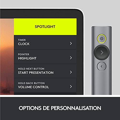 Logitech Spotlight Télécommande de Présentation sans Fil, Bluetooth et 2,4 GHz avec Nano-Récepteur USB, Pointeur Laser, Commandes de Diaporama, Portée de 30M, Minuterie Réglable, PC/Mac/Android - Gris