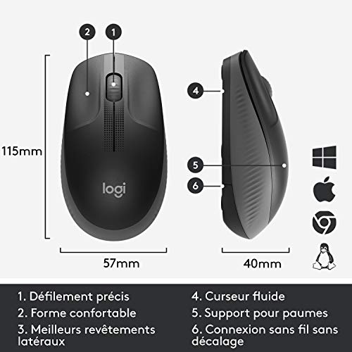 Logitech M190 Souris sans fil, design ambidextre, durée de la batterie 18 mois avec mode économie d’énergie, récepteur USB, contrôle précis du curseur + défilement, large molette de défilement - Noir