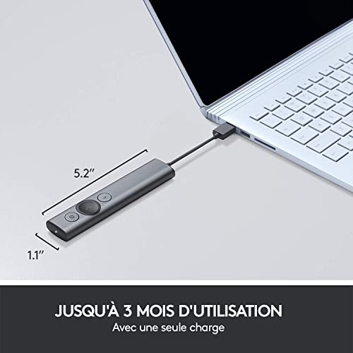 Logitech Spotlight Télécommande de Présentation sans Fil, Bluetooth et 2,4 GHz avec Nano-Récepteur USB, Pointeur Laser, Commandes de Diaporama, Portée de 30M, Minuterie Réglable, PC/Mac/Android - Gris