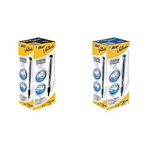 BIC Velleda Feutres pour Tableau Blanc Effaçables à Sec Pointe Conique Large - Noir, Boîte de 12