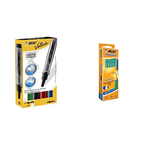 BIC Velleda Feutres pour Tableau Blanc Effaçables à Sec Pointe Conique Large - Noir, Boîte de 12