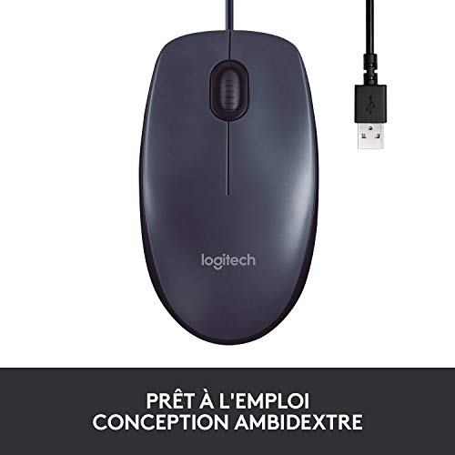 Logitech B100 Souris Filaire USB, 3 Boutons, Suivi Optique, Ambidextre, Compatible avec PC/Mac/Ordinateur Portable/Chromebook - Noire