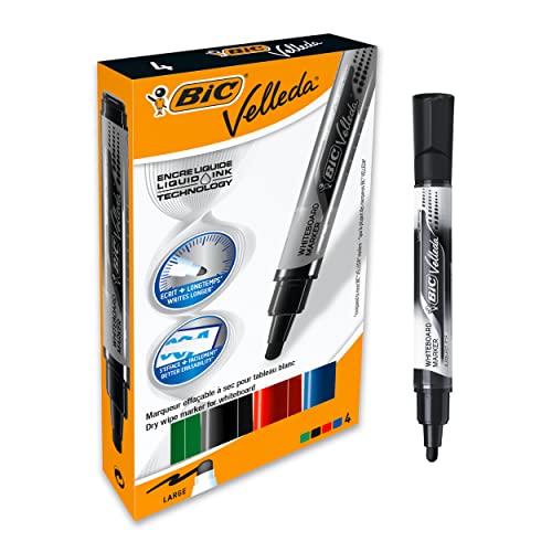 BIC Velleda Feutres pour Tableau Blanc Effaçables à Sec Pointe Conique Large - Noir, Boîte de 12