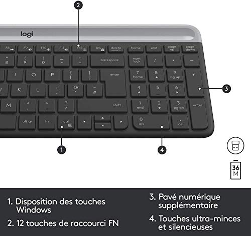 Logitech MK470 Combo Clavier et Souris sans Fil pour Windows, 2,4 GHz avec Récepteur USB Unifying, Ultra-Fin, Discret, Batterie Longue Durée, Souris Optique, Clavier AZERTY Français - Noir