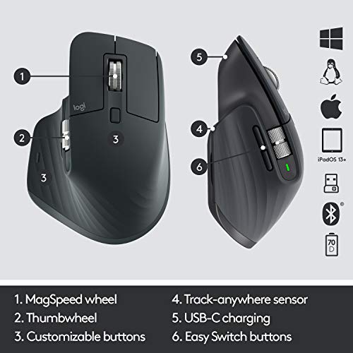 Logitech MX Master 3 Advanced Souris sans fil, Bluetooth + 2.4GHz USB, Défilement Rapide, Suvi 4000 DPI Toute Surface, Confortable, 7 Boutons, Rechargeable, PC/Mac/iPadOS - Noir