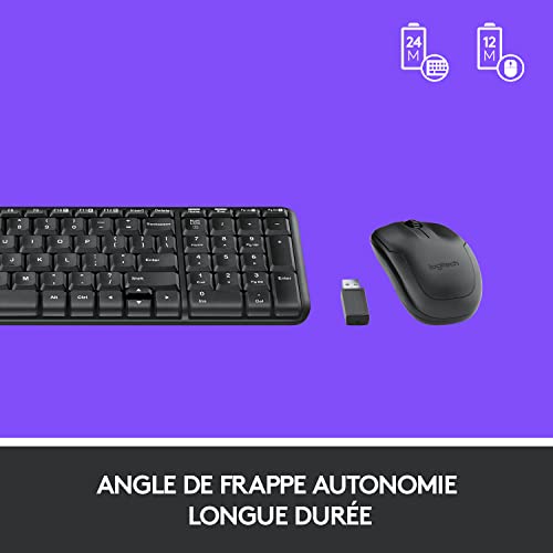 Logitech MK220 Combo Clavier Souris sans Fil pour Windows, 2,4 GHz avec Récepteur USB Unifying, Souris sans Fil, Batterie Longue Durée 24 Mois, PC/Portable, Clavier AZERTY Français - Noir