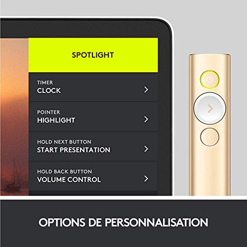 Logitech Spotlight Télécommande de Présentation sans Fil, Bluetooth et 2,4 GHz avec Nano-Récepteur USB, Pointeur Laser, Commandes de Diaporama, Portée de 30M, Minuterie Réglable, PC/Mac/Android - Gris