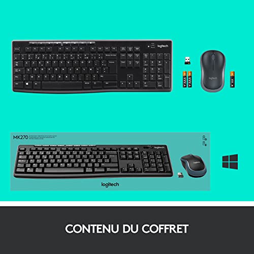 Logitech MK270 Combo Clavier Souris sans Fil pour Windows, Connexion 2.4 GHz, Souris sans Fil Compacte, 8 Touches de Raccourci/Multimédia, Batterie Longue Durée 2 Ans, PC/Portable, AZERTY Français