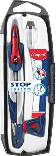 Maped Coffret Compas Maped Stop System 3 pièces - Système de Verrouillage Breveté - Tracé Parfait - Avec Sécurité Protège Pointe et Mine - Compas Mine + Bague Universelle + Étui-Mines - Dès 10 Ans