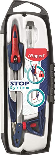 Maped Coffret Compas Maped Stop System 3 pièces - Système de Verrouillage Breveté - Tracé Parfait - Avec Sécurité Protège Pointe et Mine - Compas Mine + Bague Universelle + Étui-Mines - Dès 10 Ans