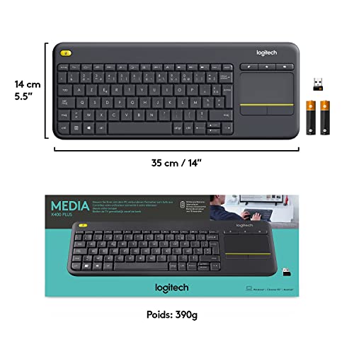 Logitech K400 Plus Clavier Sans Fil Touch TV Avec Contrôle Média et Pavé Tactile, Clavier Francais AZERTY - Noir