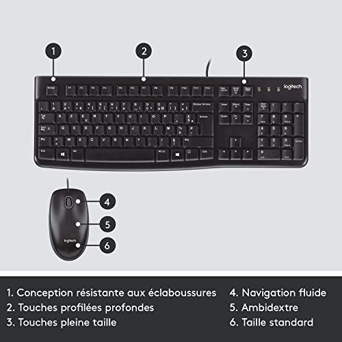 Logitech MK120 Combo Clavier et Souris Filaire pour Windows, Souris Optique Filaire, Clavier Taille Standard, Plug-and-Play USB, Compatible avec PC, Ordinateur Portable, Clavier Français AZERTY - Noir