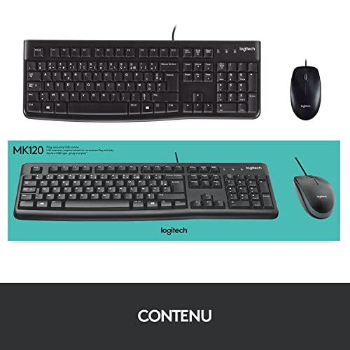 Logitech MK120 Combo Clavier et Souris Filaire pour Windows, Souris Optique Filaire, Clavier Taille Standard, Plug-and-Play USB, Compatible avec PC, Ordinateur Portable, Clavier Français AZERTY - Noir