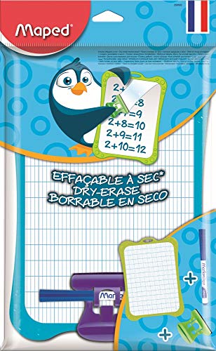 Maped - Kit Ardoise Blanche Effaçable + 1 Porte-Accessoires + 1 Brosse + 1 Feutre Ardoise - Ardoise Double Faces - Cadre Ardoise de Coloris Aléatoire Bleu, Vert