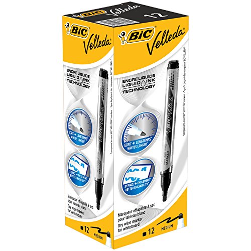 BIC Velleda Feutres pour Tableau Blanc Effaçables à Sec Pointe Conique Large - Noir, Boîte de 12