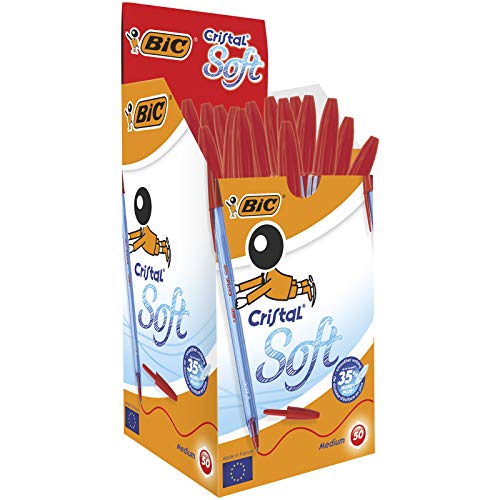 BIC Cristal Soft Stylos-Bille Pointe Moyenne (1,2 mm) - Rouge, Boîte de 50