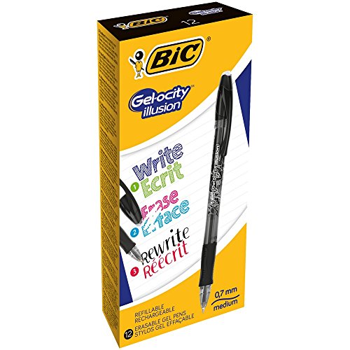 BIC Gel-ocity Illusion Stylos Gel Effaçables Pointe Moyenne (0,7 mm) - Noir, Boîte de 12