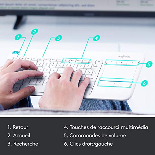 Logitech K400 Plus Clavier Sans Fil Touch TV Avec Contrôle Média et Pavé Tactile, Clavier Francais AZERTY - Noir