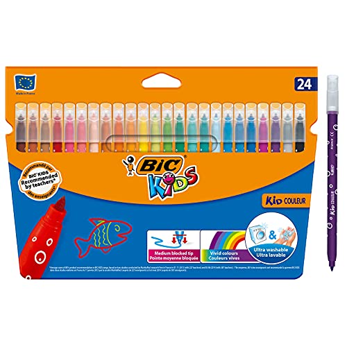 BIC Kids Kid Couleur - Feutres de Coloriage Ultra Lavables à Pointe Moyenne  - Couleurs Assorties, Etui Carton de 36